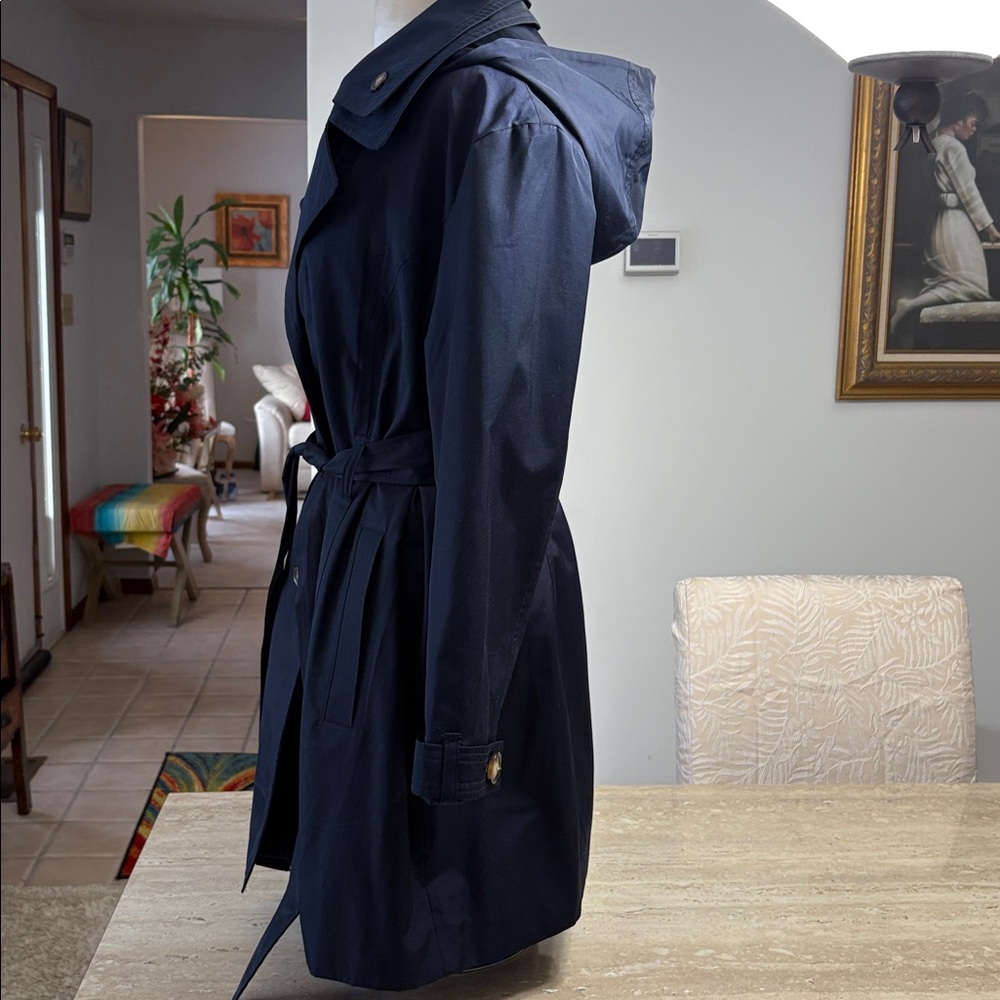 NWOT Navy London Fog light weight Trench Coat with detachable hood, no flaws. - Picture 2 of 16